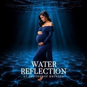 May include: A digital graphic featuring a person in a long-sleeved, off-the-shoulder navy blue gown standing in deep blue water with light rays filtering from above. The text reads WATER REFLECTION 67 PHOTOSHOP BRUSHES in white lettering.