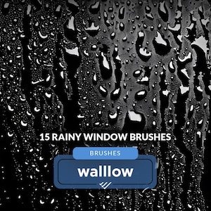Puede incluir: Un primer plano de gotas de lluvia en un cristal de ventana. La imagen es en blanco y negro y tiene una textura granulada. El texto "15 RAINY WINDOW BRUSHES" está en la parte inferior de la imagen. El texto "BRUSHES" está en un rectángulo azul con un borde blanco. El texto "wallow" está en un rectángulo azul más grande con un borde blanco.