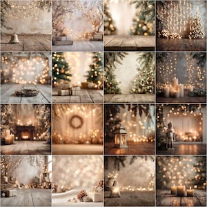 Puede incluir: Un collage de imágenes navideñas con tonos cálidos y acogedores. Las escenas presentan superficies de madera, luces de hadas parpadeantes, árboles de Navidad, regalos, velas y elementos decorativos como una campana, una corona y una linterna, evocando un ambiente festivo.