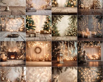 Sobreposições de fundo digital natalino bege, fundos artísticos para fotografia de Natal | Parede rústica, ramo de pinheiro, efeito bokeh natalino, piso de madeira