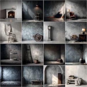 Puede incluir: Una colección de nueve imágenes de diseño de interiores con varios elementos vintage y rústicos. Las imágenes muestran una chimenea, sillas, un reloj, una jaula para pájaros, una escalera y otros elementos decorativos, todo sobre paredes texturizadas.