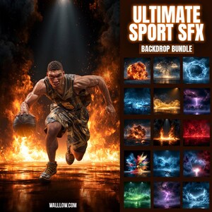 May include: A digital product bundle titled ULTIMATE SPORT SFX BACKDROP BUNDLE featuring a basketball player in a camouflage uniform dribbling a ball amidst flames, alongside a grid of fifteen diverse special effects backdrops including fire, lightning, and smoke.