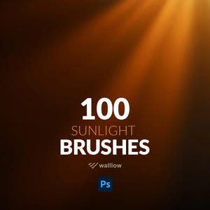 May include: A digital illustration of 100 sunlight brushes for Adobe Photoshop. The image features a warm orange and yellow gradient background with a white text overlay that reads "100 SUNLIGHT BRUSHES" and "wallow".