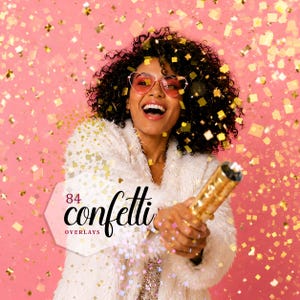 May include: A digital product display featuring the text 84 confetti OVERLAYS. The image shows a person with dark curly hair wearing heart-shaped glasses and a white faux fur coat, holding a gold confetti popper against a pink background.