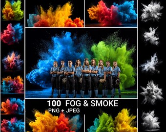 100 Colorful Smoke Fog PNG Overlays | Color Dust Explosion and Smoke Bomb Digital Sports Backdrops for Sports posters, banners & team photos