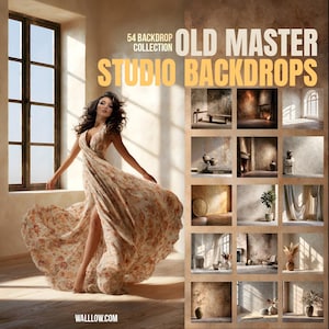 May include: A collection of 54 Old Master studio backdrops featuring a variety of textured, painted, and light-filled scenes. The display includes a large image of a person in a floral dress and a grid of smaller thumbnails showcasing diverse interior settings.