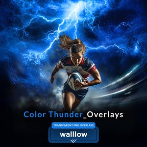Könnte beinhalten: Eine Frau in einem rot-weiß-blauen Trikot rennt mit einem Rugbyball in den Händen. Sie ist von blauen und weißen Blitzen vor einem dunkelblauen Hintergrund umgeben. Der Text "Color Thunder_Overlays" befindet sich am unteren Rand des Bildes. Der Text "TRANSPARENT PNG OVERLAYS" befindet sich unter dem Text "Color Thunder_Overlays". Der Text "wallow" befindet sich in einem blauen Kasten unter dem Text "TRANSPARENT PNG OVERLAYS".