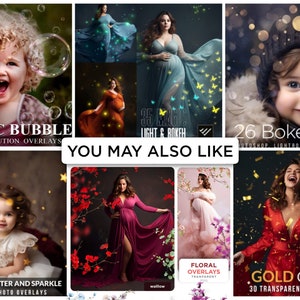 Puede incluir: Un collage de im&aacute;genes que muestran diferentes superposiciones de fotos para la edici&oacute;n digital. Las im&aacute;genes presentan ni&ntilde;os y adultos con varios efectos, incluyendo burbujas, brillo, luces bokeh y confeti.