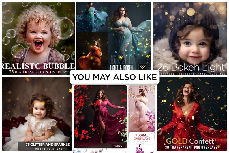 Puede incluir: Un collage de im&aacute;genes que muestran diferentes superposiciones de fotos para la edici&oacute;n digital. Las im&aacute;genes presentan ni&ntilde;os y adultos con varios efectos, incluyendo burbujas, brillo, luces bokeh y confeti.