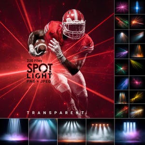 Puede incluir: Gráfico digital con un jugador de fútbol americano con uniforme rojo, sosteniendo un balón, con las palabras "SPOT LIGHT" y "PNG + JPEG". La imagen tiene un esquema de color rojo y negro con varios efectos de foco.