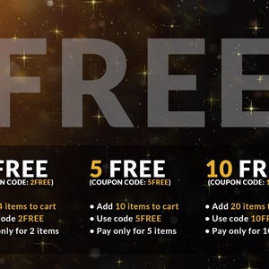 Pode incluir: Um gr&aacute;fico promocional com a palavra "FREE" em letras cinzentas grandes. Abaixo, tr&ecirc;s se&ccedil;&otilde;es oferecem ofertas: "2 FREE", "5 FREE" e "10 FREE". Cada uma inclui instru&ccedil;&otilde;es para adicionar itens ao carrinho e usar um c&oacute;digo espec&iacute;fico.
