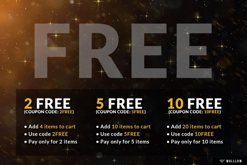 Pode incluir: Um gr&aacute;fico promocional com a palavra "FREE" em letras cinzentas grandes. Abaixo, tr&ecirc;s se&ccedil;&otilde;es oferecem ofertas: "2 FREE", "5 FREE" e "10 FREE". Cada uma inclui instru&ccedil;&otilde;es para adicionar itens ao carrinho e usar um c&oacute;digo espec&iacute;fico.