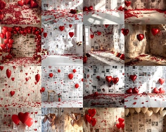 60 Valentine Digital Backdrops for Photographers | Newspaper Style Love, Romantic Love Backgrounds, Wedding & Couple Photoshoot Overlay