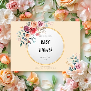 Editable Baby Shower Invitation Template - Pink & Neutral Canva Design - Instant Download - Girl Baby Shower Invite - Printable Card