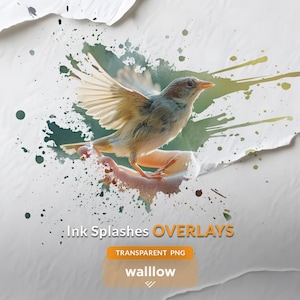 May include: Digital artwork showing a bird in flight, with ink splashes and torn paper elements. The image includes the text "Ink Splashes Overlays" and "Transparent PNG".