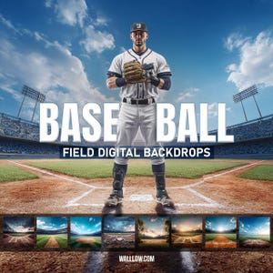 May include: A digital backdrop collection featuring a baseball player in a white uniform and cap, holding a brown leather glove on a field. The text reads BASE BALL FIELD DIGITAL BACKDROPS and WALLLOW.COM, with eight smaller field scenes below.