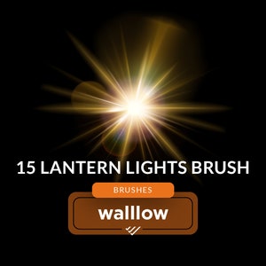 May include: A digital illustration of a bright, golden light with a starburst effect. The text "15 LANTERN LIGHTS BRUSH" is below the light. A brown rectangle with the text "BRUSHES" and "wallow" is below the text.