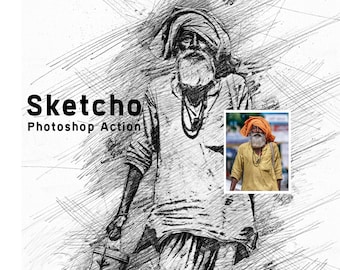 May include: A black and white sketch of a man wearing a turban and a long beard. The man is holding a staff in his right hand. The sketch is in a realistic style and has a lot of detail. The word "Sketcho Photoshop Action" is written in black text at the bottom of the image.