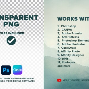 May include: A digital illustration of a green checkmark with the text "TRANSPARENT PNG" and "FILES INCLUDED" in dark green text. Below the text are icons for Photoshop and Canva. The text "WORKS WITH" is in dark green text and a list of software programs is below it. The text "SUCCESSFULLY WORKS WITH PROFESSIONAL PHOTO EDITING & VIDEO EDITING SOFTWARES" is in dark green text. A red play button with the text "VIDEO TUTORIALS INCLUDED" is in the bottom right corner.