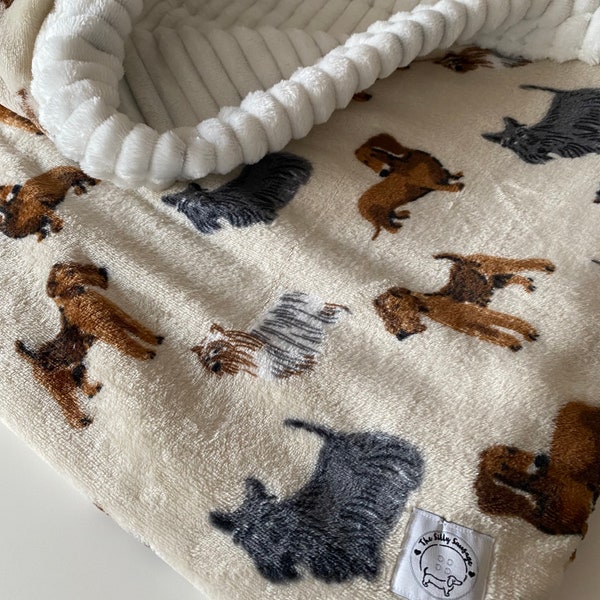 Silly Sausage Fleece Snuggle Sack Blanket Dogs Cats Pets Neutral Doggos Beige Cream Grey Brown Dachshund Terrier Yorkshire Airedale Lakeland