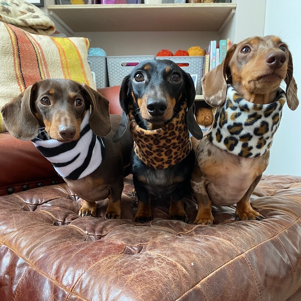 Silly Sausage Animal Print Fleece Dog Snood Handmade Leopard Zebra Beige Brown Black White