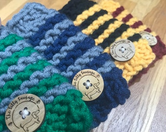 Silly Sausage Knitted Dog Snood Hogwarts House Colours Striped Wool Button Handmade Harry Potter Gryffindor Slytherin Hufflepuff Ravenclaw