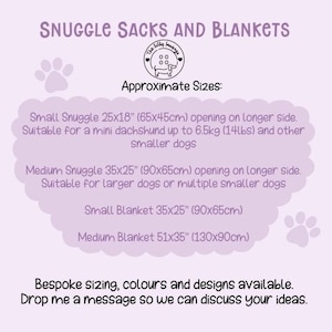 sizing guide for the snuggle sacks and blankets.