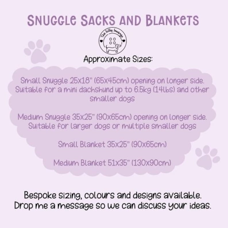 sizing guide for the snuggle sacks and blankets.