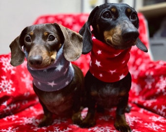 Silly Sausage Festive Christmas Star Fleece Dog Snood Handmade Red White Grey Festive Winter