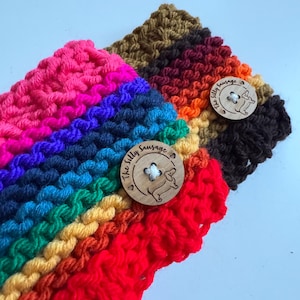Silly Sausage Knitted Dog Snood Rainbow and Striped Colours Wool Button Handmade Blue Green Pink Autumnal