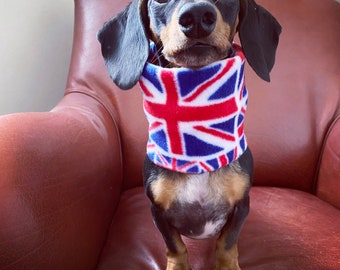 Silly Sausage Union Jack Fleece Dog Snood Handmade Red White Blue Coronation King