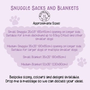 May include: A light purple graphic with text for dog beds and blankets. The text includes sizes for small and medium snuggle sacks and blankets, with measurements in inches and centimeters. The image also features a logo with a dachshund.