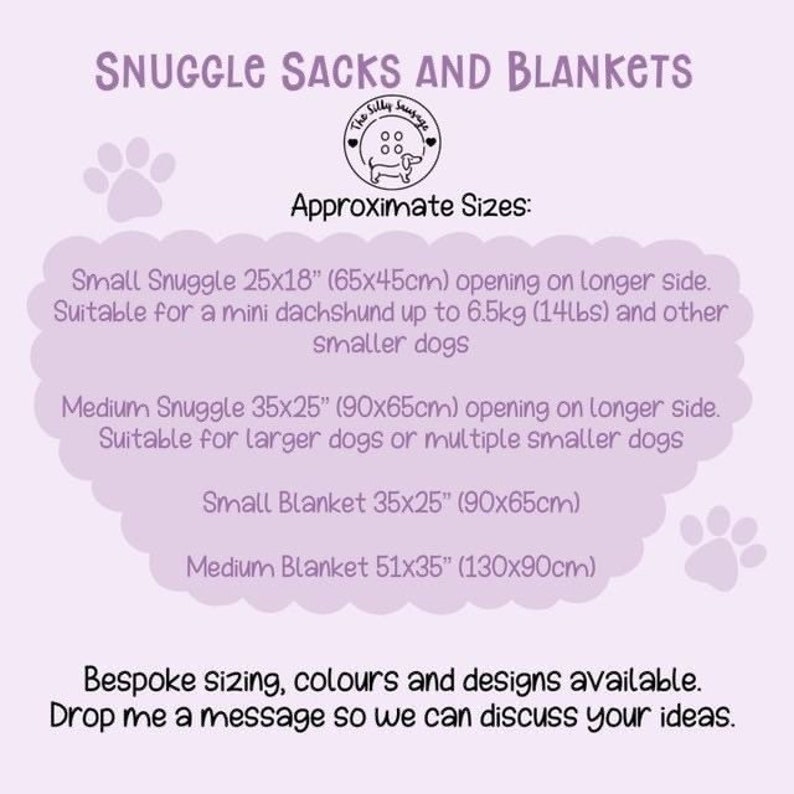 May include: A light purple graphic with text for dog beds and blankets. The text includes sizes for small and medium snuggle sacks and blankets, with measurements in inches and centimeters. The image also features a logo with a dachshund.