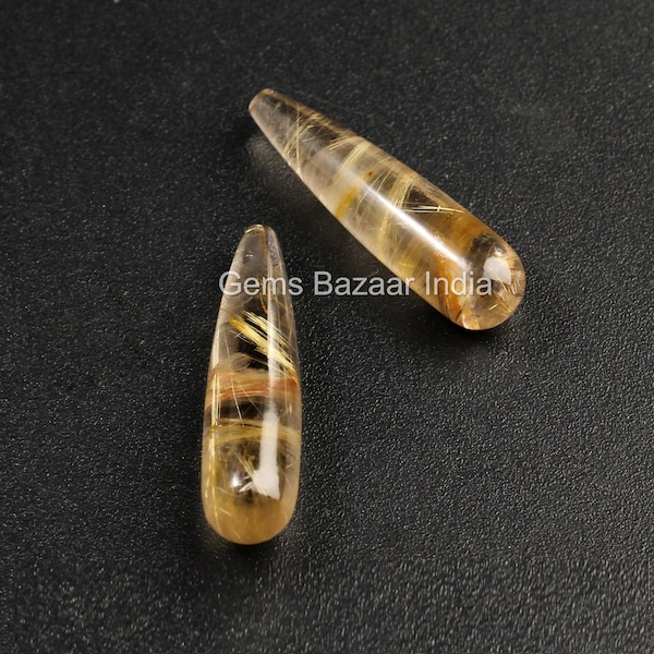 Natural Gemstone Golden Rutile Quartz Drops, Calibrated Smooth Teardrop Stones, Best Quality Stone For Earring Jewelry Making 9x30mm 2 Pcs