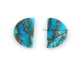 Blue Copper Turquoise 'D' Half Moon Shape, Both Side Flat Gemstone For Jewelry Earring Making Stones, Loose Beads Calibrated Stone 2 Pc Set