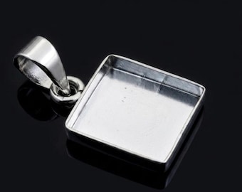Sterling Silver Square Pendant Bezel, 925 Silver Blank Pendant Tray for Resin, Square Cabochon Setting, DIY Jewelry Making Supplies