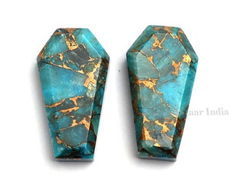 Beautiful Blue Copper Turquoise Coffin Shape Flat Back Cabochon Gemstone For Jewelry, Loose Beads Calibrated Stone For Earrings 2 Pcs Set