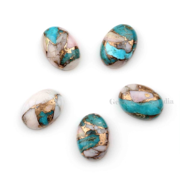 Pink Opal Copper Turquoise Oval Shape Flat Back Smooth Cabochons Gemstone | Calibrated Stone For DIY Jewelry 5 Pcs Set All Size Available