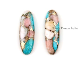 Pink Opal Copper Turquoise Cabochons: Oval Gemstone Beads, 10x30mm (2 Pcs Set)