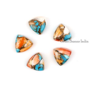 Spiny Oyster Copper Turquoise Trillion Flat Back Smooth Gemstone | Loose Beads Calibrated Cabochons, Best Quality Stones For Sale 5 Pcs Set
