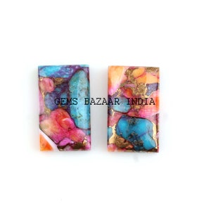 Mix Spiny Oyster Copper Turquoise Rectangle Smooth Cabochons Gemstone | Loose Beads Calibrated Flat Back Stone For Jewelry 2 Pcs Set 12x20mm
