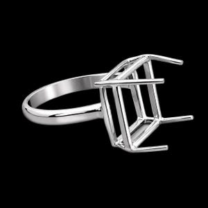 May include: A silver ring setting with a geometric cage design. The ring features a polished band and a square-shaped setting, designed to hold a gemstone. The ring is shown against a black background.