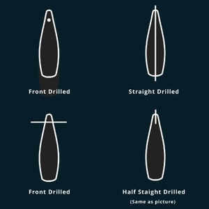 May include: Diagram showing four different ways to drill a hole in a surfboard fin. The options are: Front Drilled, Straight Drilled, Front Drilled, and Half Straight Drilled (Same as picture).