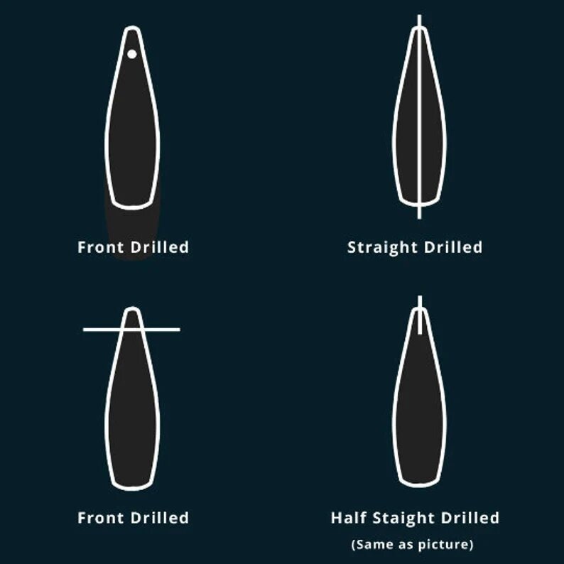 May include: Diagram showing four different ways to drill a hole in a surfboard fin. The options are: Front Drilled, Straight Drilled, Front Drilled, and Half Straight Drilled (Same as picture).