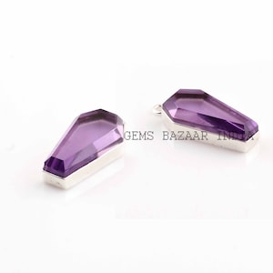 Amethyst Quartz Faceted Coffin Gemstone Pendant 925 Sterling Silver Pendant Charm For Jewelry, Lovely Necklace Charms 10x17mm 2 Pcs Set