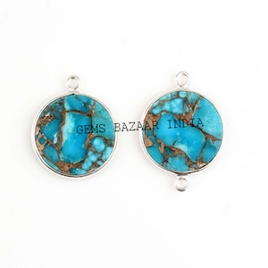 12mm Blue Copper Turquoise Round Smooth Flat Gemstone, 925 Sterling Silver Charm or Connector, Amazing Quality Pendant Charm Connector 1 Pc