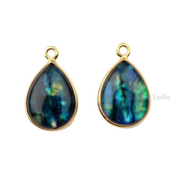 12x16mm Green Ammolite Quartz Pear Smooth Briolette Gemstone Gold Plated 925 Silver Charms For Pendant Making, Charm For Gifted 2 Pcs Set