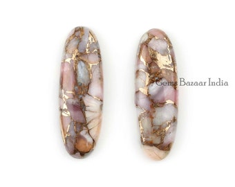 Pink Opal Copper Cabochons: Long Oval Gemstone Beads, 10x30mm (2 Pcs