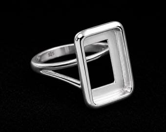 925 Sterling Silver Rectangle Ring Setting, Open Back Bezel Ring Blank, Rectangle Stone Mount Ring, Ring Base, DIY Jewelry Making