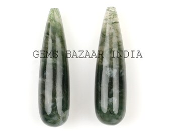Natural Moss Agate Drops Smooth Gemstone, Calibrated Loose Beads Long Teardrop Semi Precious Stone For Jewelry Earring 8x30mm 2 Pcs Set